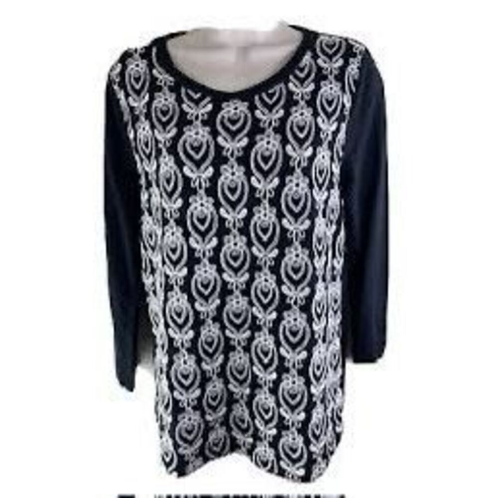 J. Crew XL Embroidered Raglan Top Black White Embroidered Florals 100% Cotton
